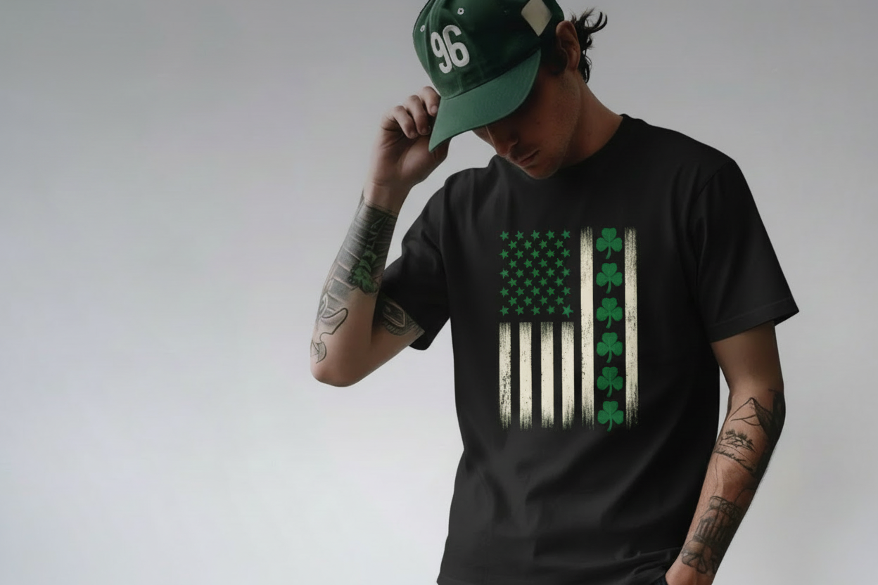 Hero banner with shamrock flag shirt - no text