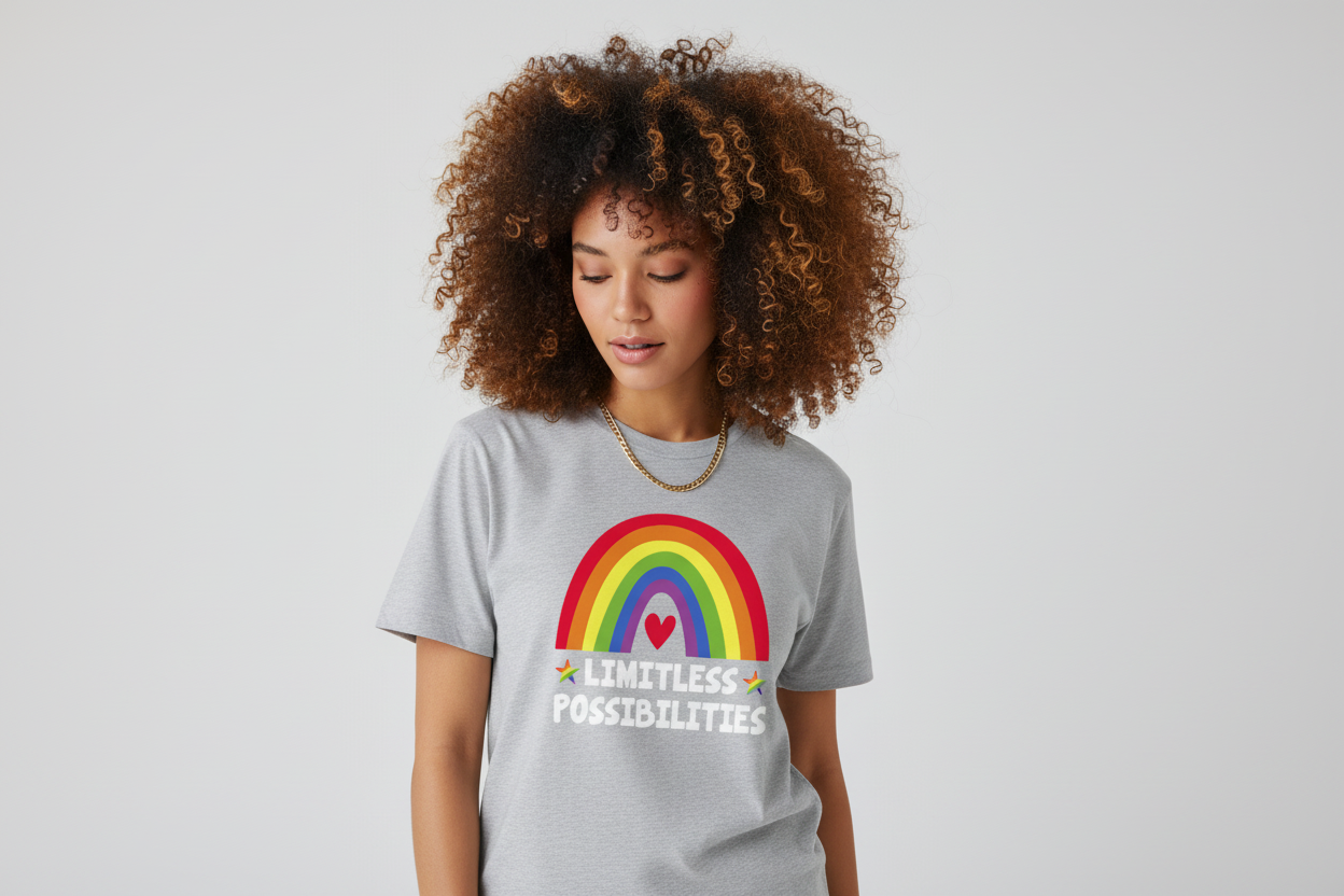 Hispanic female model wearing Limitless Possibilities rainbow shirt